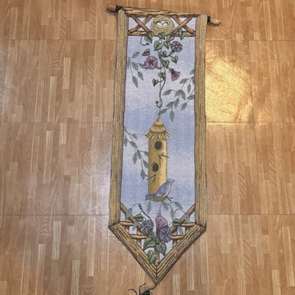 Vintage Birdhouse Bluebird Floral Tapestry Wall Hanging 36” x 12” Cottage Decor